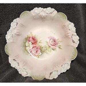 Antique RS Prussia hand-painted rose porcelain decorative bowl 11" Diameter
